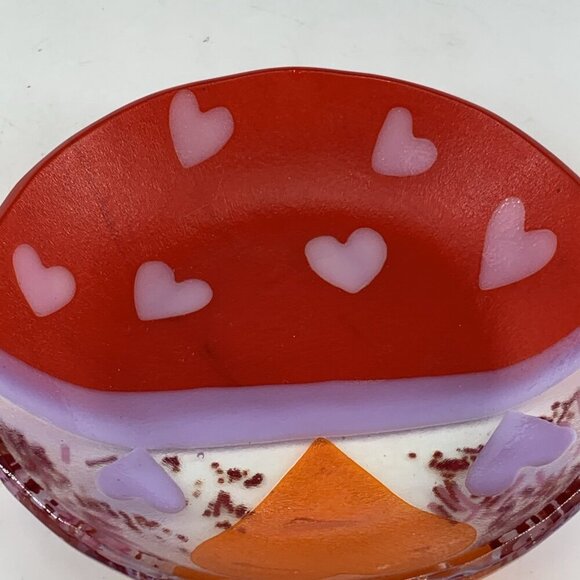 A Fox Fused Glass Heart Plate Tray 5” 1994 Art Glass Red Lavender Orange - Picture 3 of 9